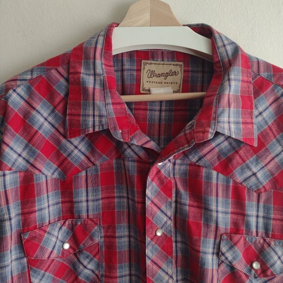 Wrangler Vintage Mens Western Shirt XXL Pearl Snap Red Blue Check Cowboy - Picture 2 of 9